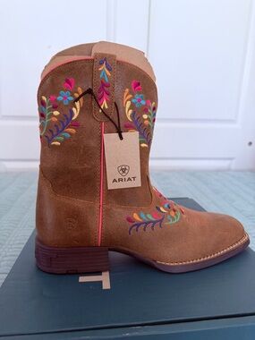 Ariat Brown Suede Ankle Boot with Multicolor Floral Embroidery